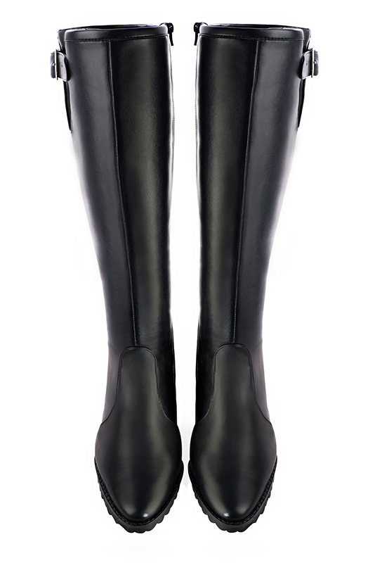 Satin black women's knee-high boots with buckles. Round toe. Flat rubber soles. Made to measure. Top view - Florence KOOIJMAN